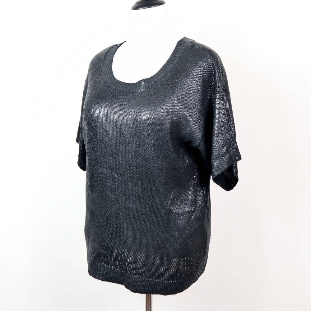 Uniq Size M/L Waxed Knit Top Short Sleeve Scoop Neck Blouse Black